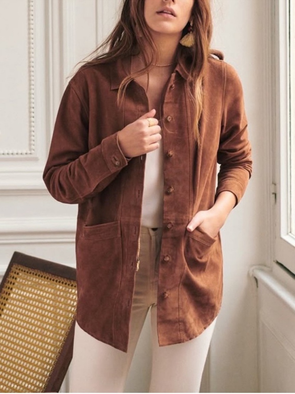 Sézane Will Suede Tan Goat Leather Button Jacket
